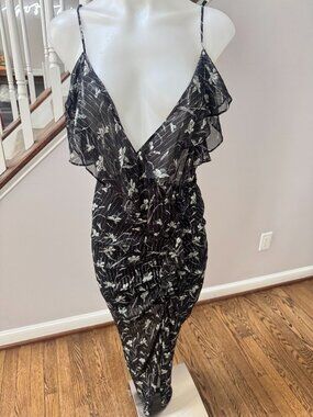 Veronica Beard Marilyn Silk Floral Cold Shoulder Cut Out Midi Dress Black Size 0